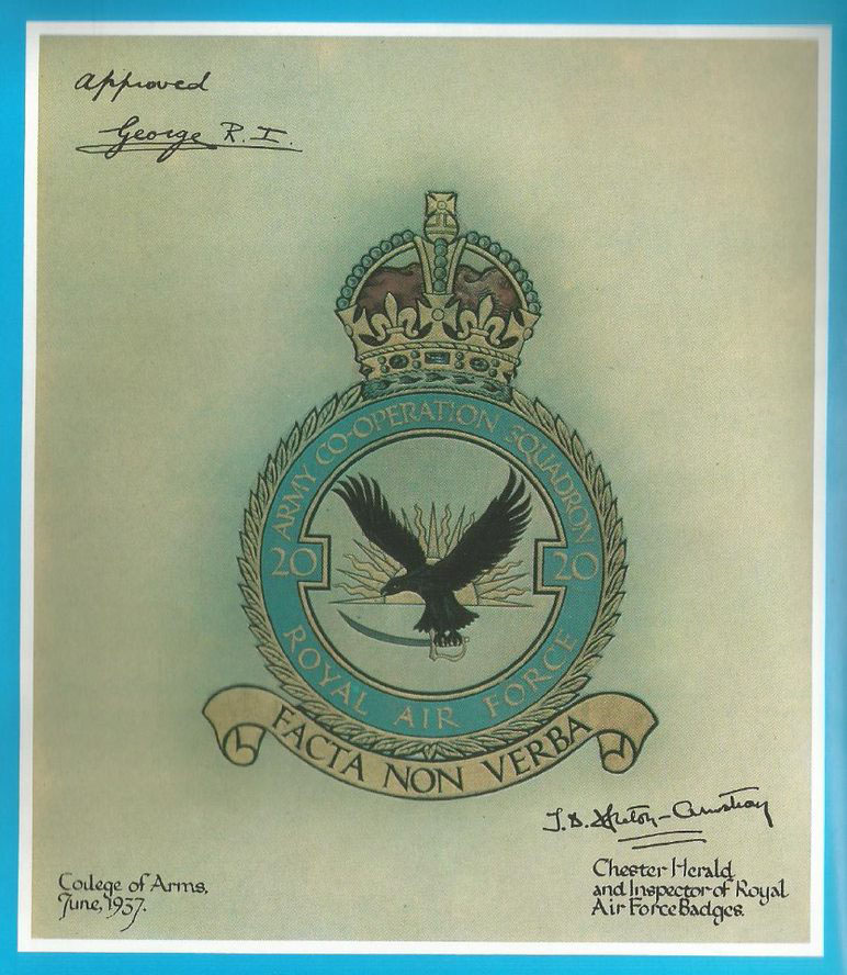The first 20 Squadron badge, approved by King George VI, June 1937.